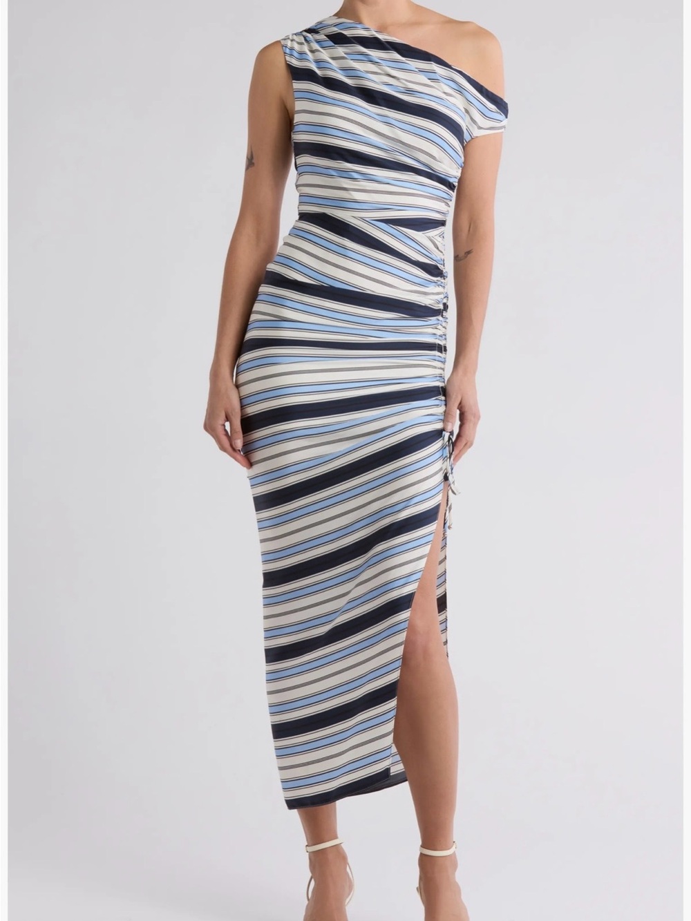 Veronica Beard One-Shoulder Striped Midi Dress in Navy, Light Blue and White